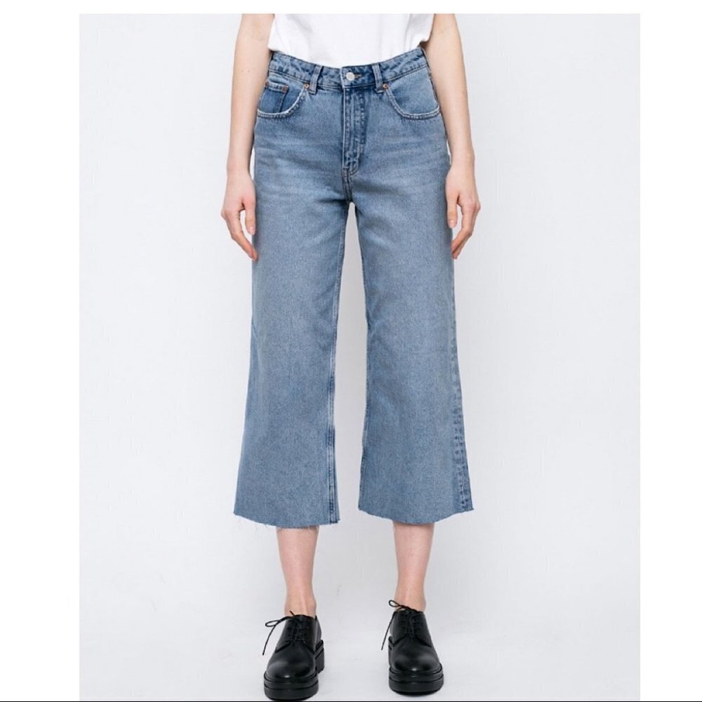 CHEAP MONDAY Ally Blue Gem High Waist Raw Hem Ankle Straight Jeans